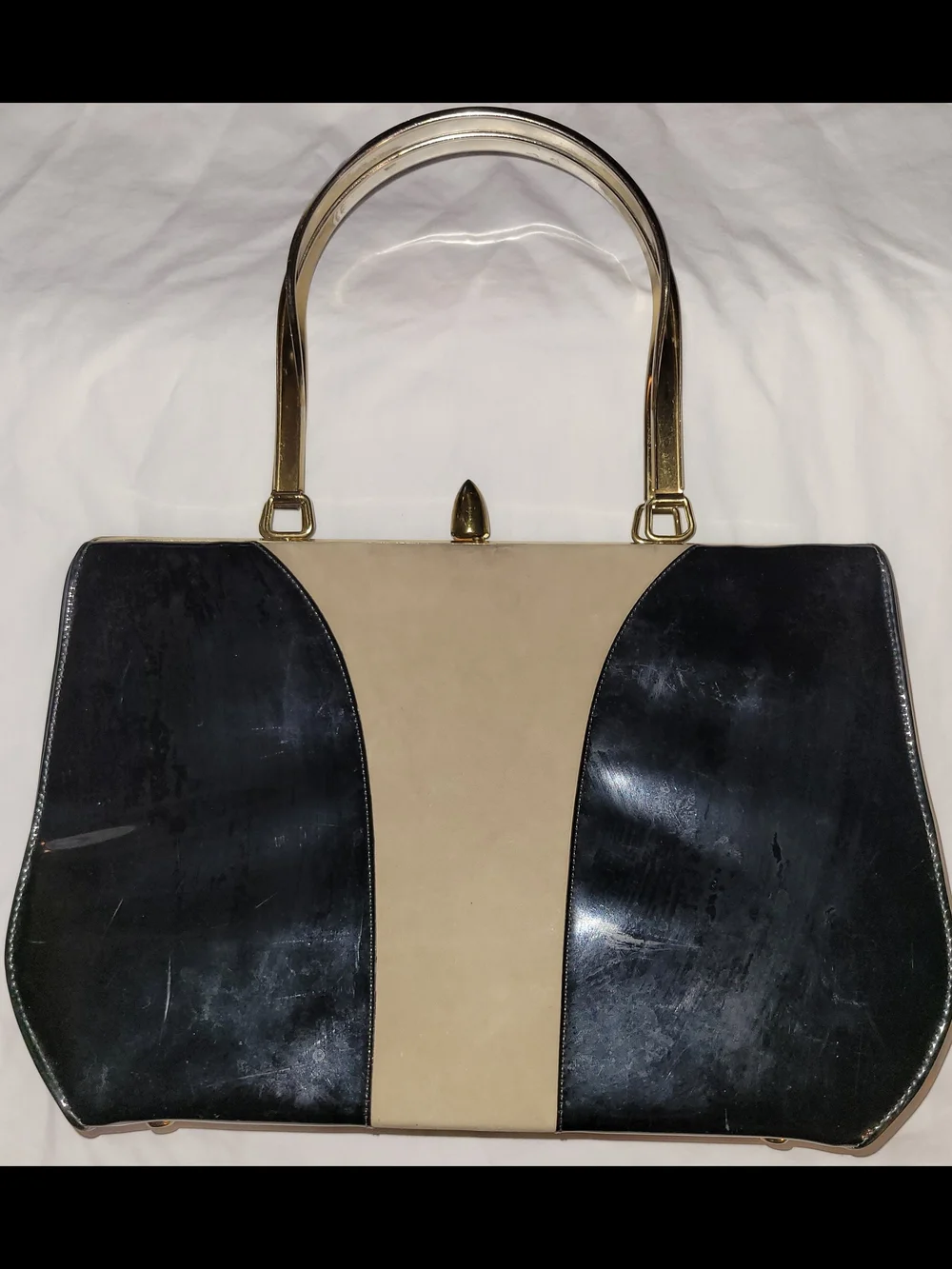 Vintage Mid-Century Black And Tan Patent Leather Purse W/ Gold Accents